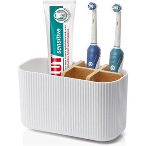 White Bamboo Toothbrush Holder Bathroom Organizer Electric Toothpaste Stand